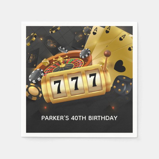 パーソナライズされたカジノナイトパーティーブラック金ゴールド スタンダードカクテルナプキン (正面)