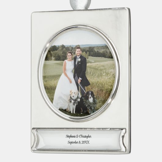 パーソナライズされたカスタマイズ結婚の写真 シルバープレートバナーオーナメント (左)