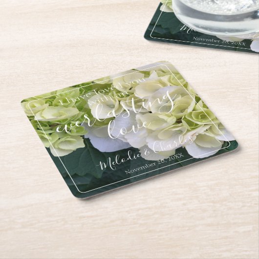 パーソナライズされたカスタムホワイトアジサイエレガントラブ スクエアペーパーコースター (アングル)