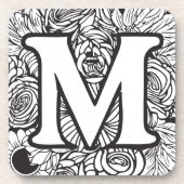 パーソナライズされたカスタムモノグラム白黒フローラ コースター (正面)