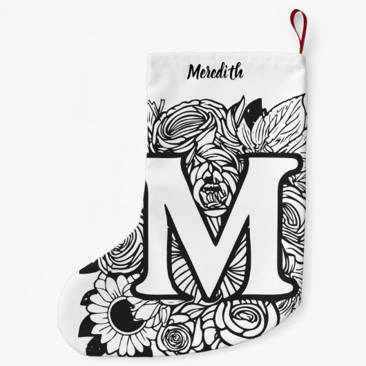 パーソナライズされたカスタムモノグラム白黒フローラ スモールクリスマスストッキング (裏面)