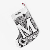 パーソナライズされたカスタムモノグラム白黒フローラ スモールクリスマスストッキング (裏面 (吊り時))