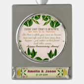 パーソナライズされたカップル結婚1周年 シルバープレートバナーオーナメント (正面)