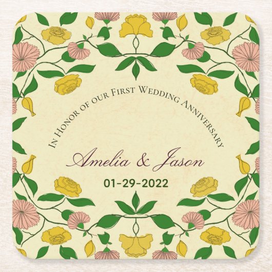 パーソナライズされたカップル結婚1周年 スクエアペーパーコースター (正面)