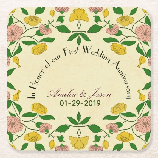 パーソナライズされたカップル結婚1周年 スクエアペーパーコースター (正面)