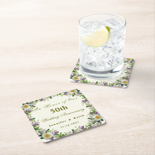 パーソナライズされたカップル50結婚周年 スクエアペーパーコースター (インサイチュ)
