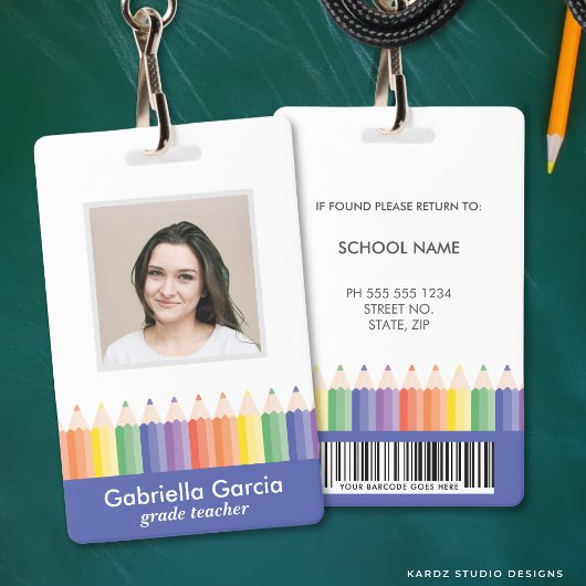 パーソナライズされたカラフルな学校の先生バーコードID バッジ