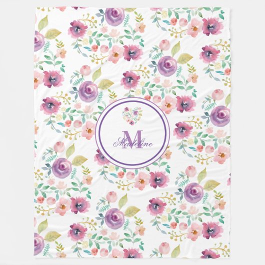 パーソナライズされたカラフルフローラハート フリースブランケット (正面)