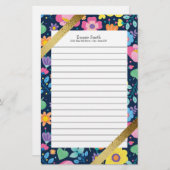 パーソナライズされたカラフルフローラ及び金ゴールド 便箋 (正面/裏面)
