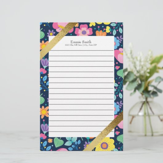 パーソナライズされたカラフルフローラ及び金ゴールド 便箋 (スタンド正面)