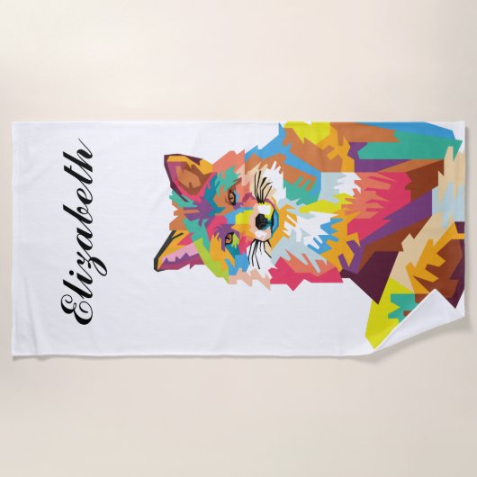パーソナライズされたカラフルポップ・アートのアートキツネ ビーチタオル (正面)