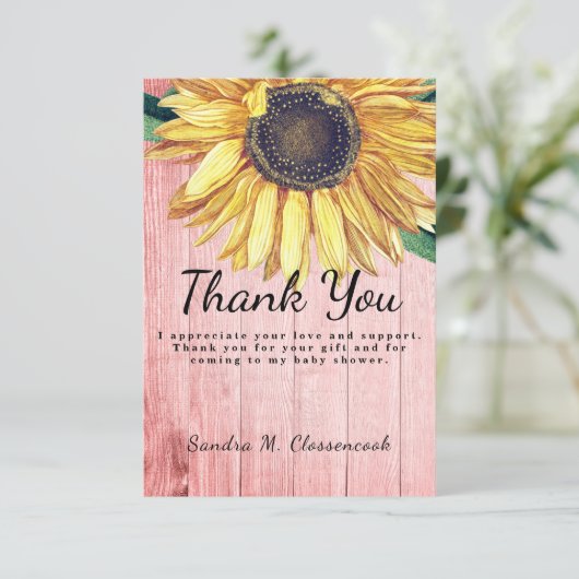 パーソナライズされたカントリー調のひまわり古材バーウッド サンキューカード (スタンド正面)