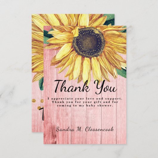 パーソナライズされたカントリー調のひまわり古材バーウッド サンキューカード (正面/裏面)