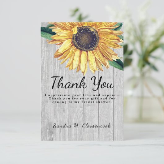 パーソナライズされたカントリー調のひまわり古材バーウッド サンキューカード (スタンド正面)