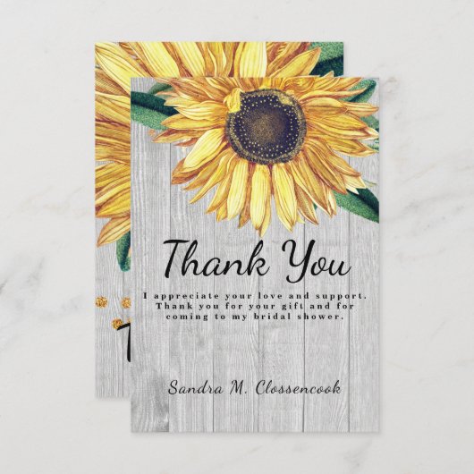 パーソナライズされたカントリー調のひまわり古材バーウッド サンキューカード (正面/裏面)