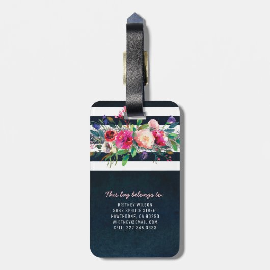 パーソナライズされたガーリーフローラ剥ぎ取りモノグラム旅行 ラゲッジタグ (裏面縦)
