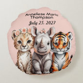 パーソナライズされたガーリー可愛いサファリ新生児 ラウンドクッション (裏面)