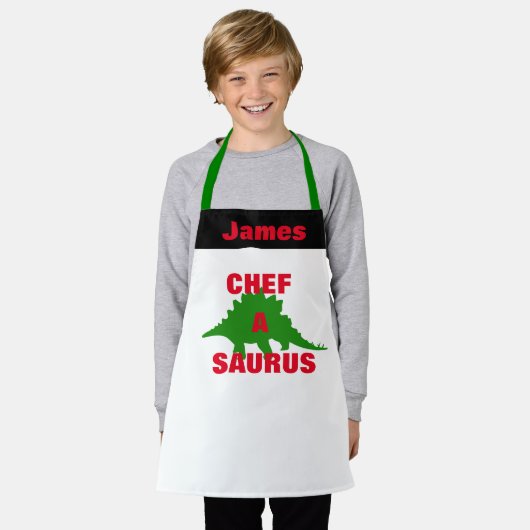 パーソナライズされたキッズエプロン恐竜グラフィックシェフ エプロン (着用した状態)
