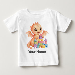 パーソナライズされたキュートなサンゴ色のベビードラゴン ブロック城  ベビーTシャツ