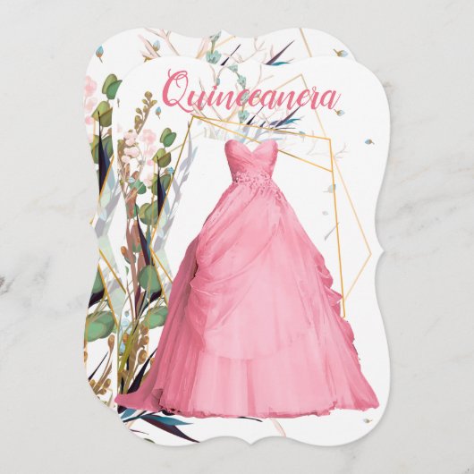 パーソナライズされたキンセエレガントーニェラピンクドレス 招待状 (正面/裏面)