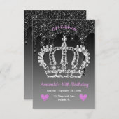 パーソナライズされたクラウン&ドリップグリッター誕生日 招待状 (正面/裏面)