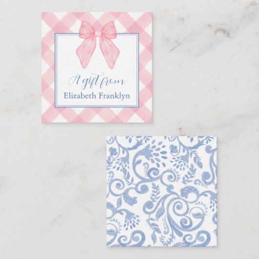 パーソナライズされたクラシックピンクギンガムガールズギフト エンクロージャーカード (正面/裏面)