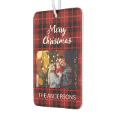 パーソナライズされたクリスマスの家族の写真の赤い格子模様 カーエアーフレッシュナー (左)