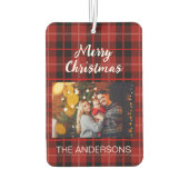 パーソナライズされたクリスマスの家族の写真の赤い格子模様 カーエアーフレッシュナー (裏面)