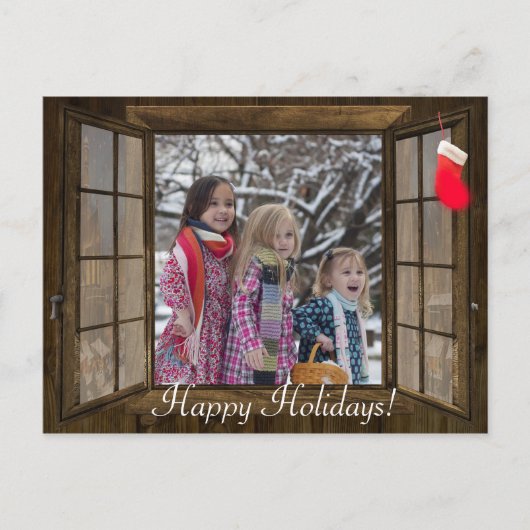 パーソナライズされたクリスマスウィンドウファミリーフォトカード シーズンポストカード (正面)
