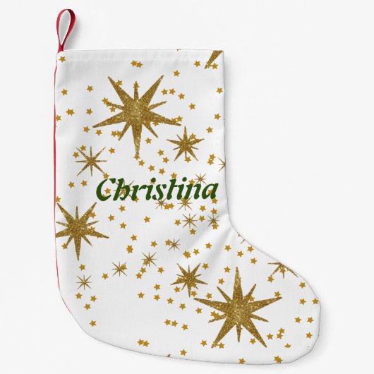 パーソナライズされたクリスマスゴールデンスターかわいいパターン白 スモールクリスマスストッキング (正面)
