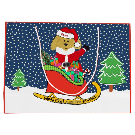 パーソナライズされたクリスマスゴールデンドゥードルサンタレー ラージペーパーバッグ (裏面)