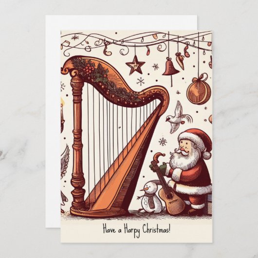 パーソナライズされたクリスマスサンタハープグリーティングカード シーズンカード (正面/裏面)