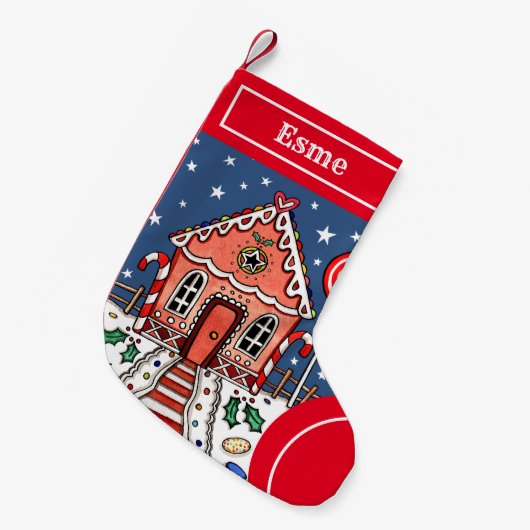 パーソナライズされたクリスマスジンジャーブレッドハウスストッキング スモールクリスマスストッキング (正面 (吊り時))
