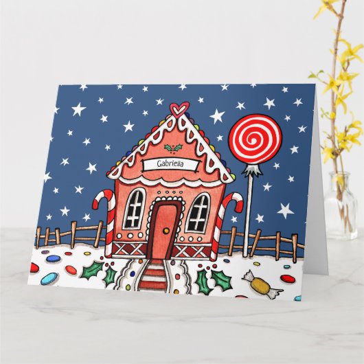 パーソナライズされたクリスマスジンジャーブレッドハウス カード (黄色い花)