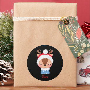 パーソナライズされたクリスマススリーピングトナカイ顔 ラウンドシール