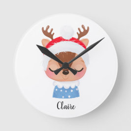 パーソナライズされたクリスマススリーピングトナカイ顔 ラウンド壁時計