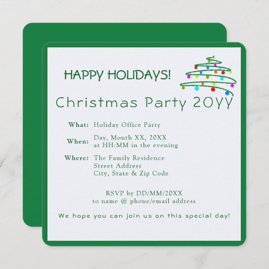 パーソナライズされたクリスマスツリーパーティの招待状 招待状 (正面/裏面)
