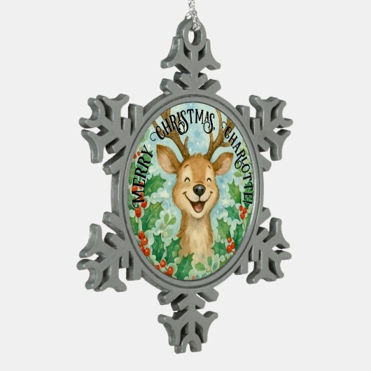 パーソナライズされたクリスマストナカイオーナメント スノーフレークピューターオーナメント (左)
