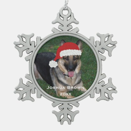 パーソナライズされたクリスマスドイツの羊飼いオーナメント スノーフレークピューターオーナメント (正面)