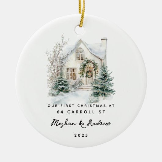 パーソナライズされたクリスマスニューホーム セラミックオーナメント (正面)