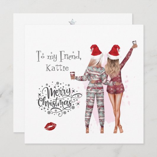 パーソナライズされたクリスマスパジャマ姉妹クリスマスカード 招待状 (正面/裏面)