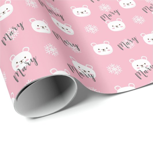 パーソナライズされたクリスマスピンクポーラーベアーガール ラッピングペーパー (ロールコーナー)