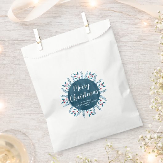 パーソナライズされたクリスマスブルーの水彩フローラ フェイバーバッグ (クリップ留めされた状態)