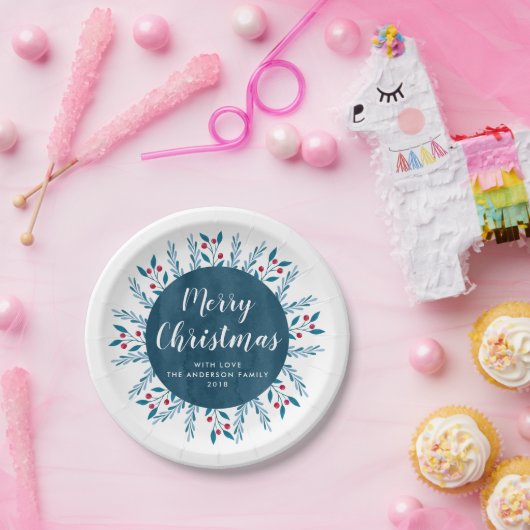 パーソナライズされたクリスマスブルーの水彩フローラ ペーパープレート (パーティー)