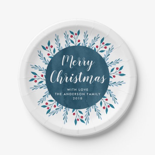 パーソナライズされたクリスマスブルーの水彩フローラ ペーパープレート (正面)