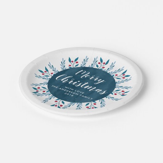 パーソナライズされたクリスマスブルーの水彩フローラ ペーパープレート (アングル)