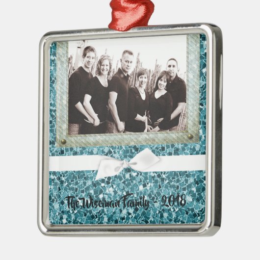 パーソナライズされたクリスマスブルーグリッターフォトオーナメント メタルオーナメント (左)