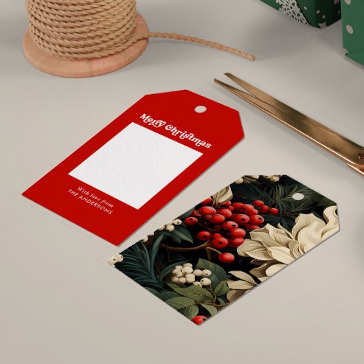 パーソナライズされたクリスマスベリーの花と葉 ギフトタグ