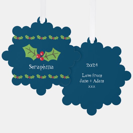 パーソナライズされたクリスマスホリー&ベリー オーナメントカード (正面/裏面)