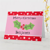 パーソナライズされたクリスマスホリー&ベリー カード (黄色い花)